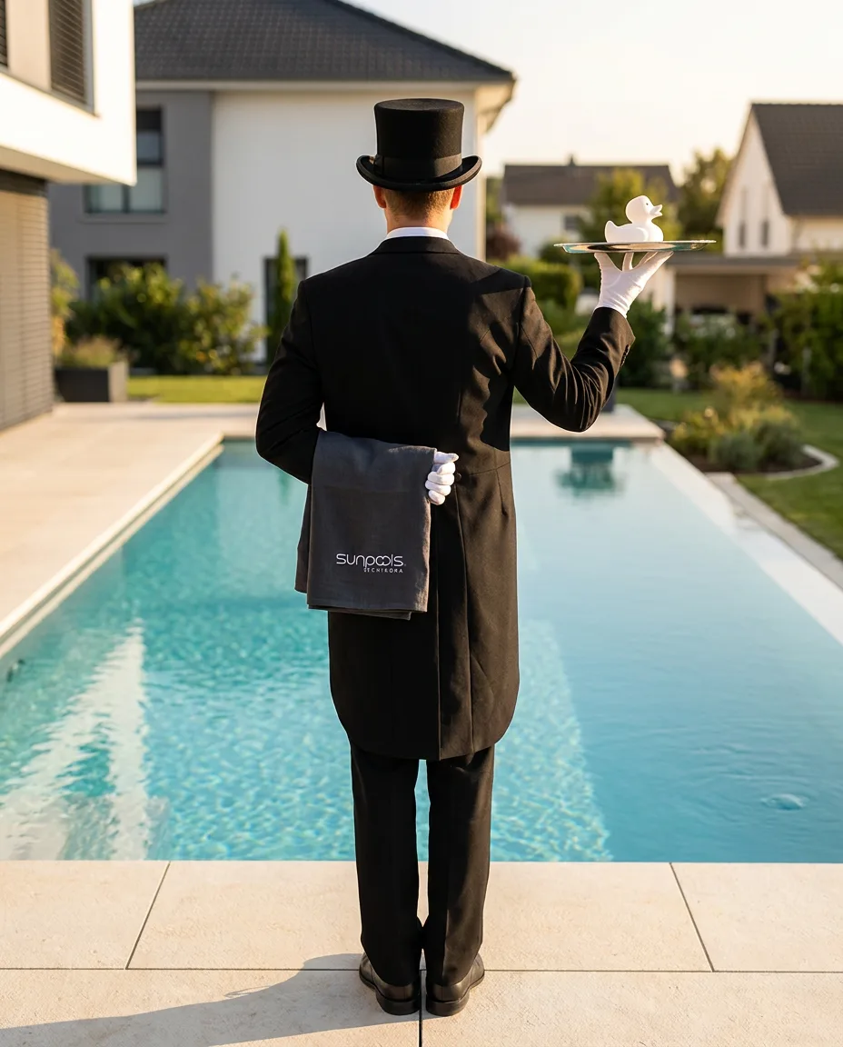 KI-generierte Darstellung: Butler mit Zylinder von hinten am Pool, sunpools-Tuch über dem Arm und Serviertablett mit Gummiente — der Concierge Service kümmert sich um alles