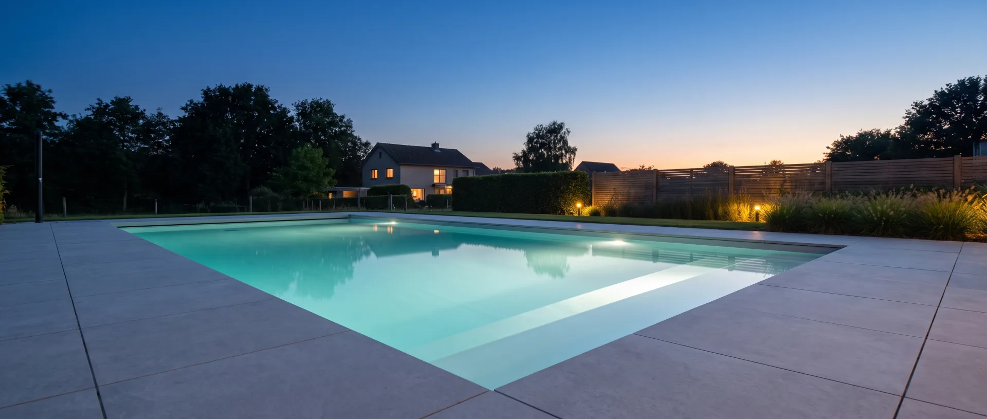 KI-generierte Darstellung: Rechteckiger Pool in der blauen Stunde — türkis beleuchtetes Wasser, flache Einstiegsstufe, umlaufender Plattenbelag, dahinter Wohnhaus und Gartenbeleuchtung