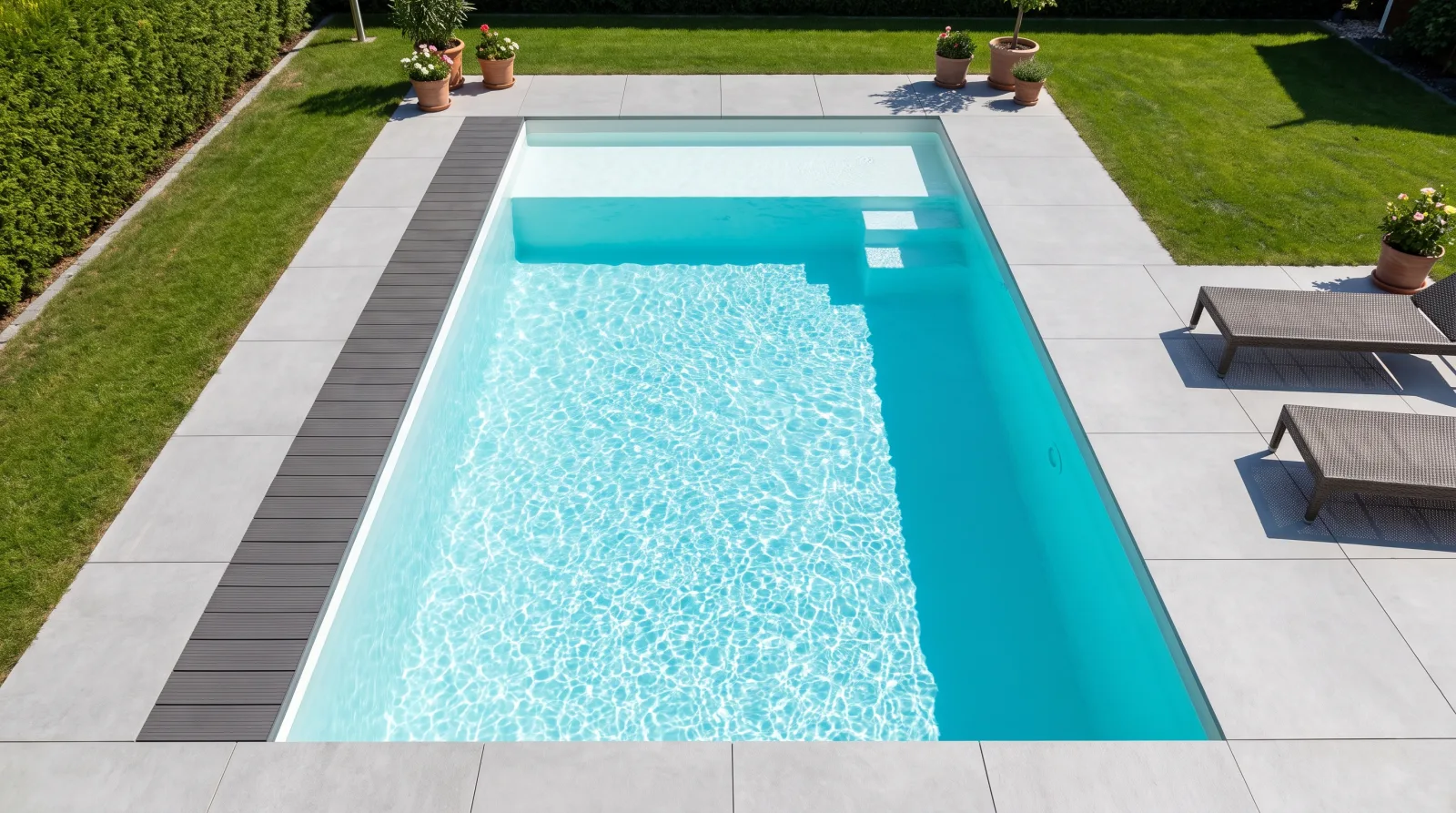 KI-generierte Darstellung: Aufsicht auf ein rechteckiges Fertigschwimmbecken im Garten — klares türkisfarbenes Wasser, Einstiegstreppe und Sitzstufe erkennbar, umlaufender Plattenbelag, Rasen und Liegen daneben